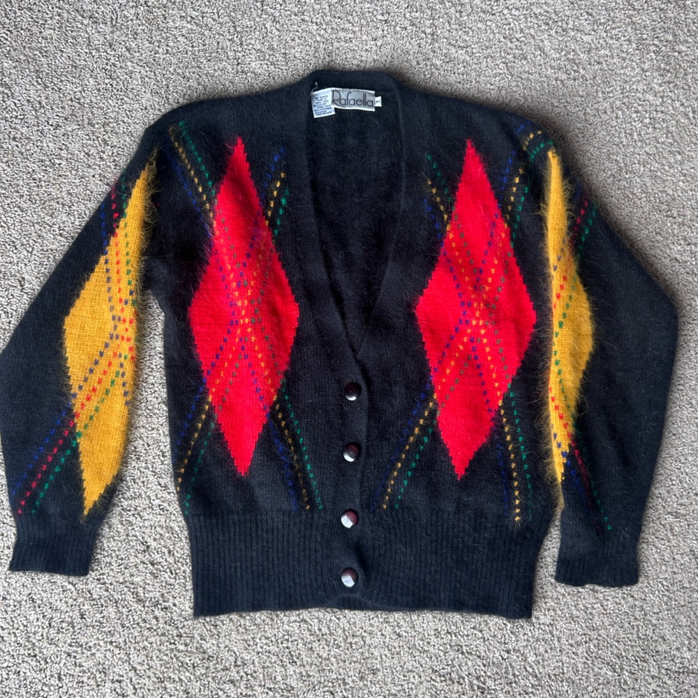 Vintage Rafaella Black Cardigan with Red and Yellow Accents
